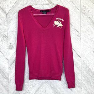 Ralph Lauren Sport Sweater Womens Size XS Pink V-Neck Knit Polo Horse Cotton
